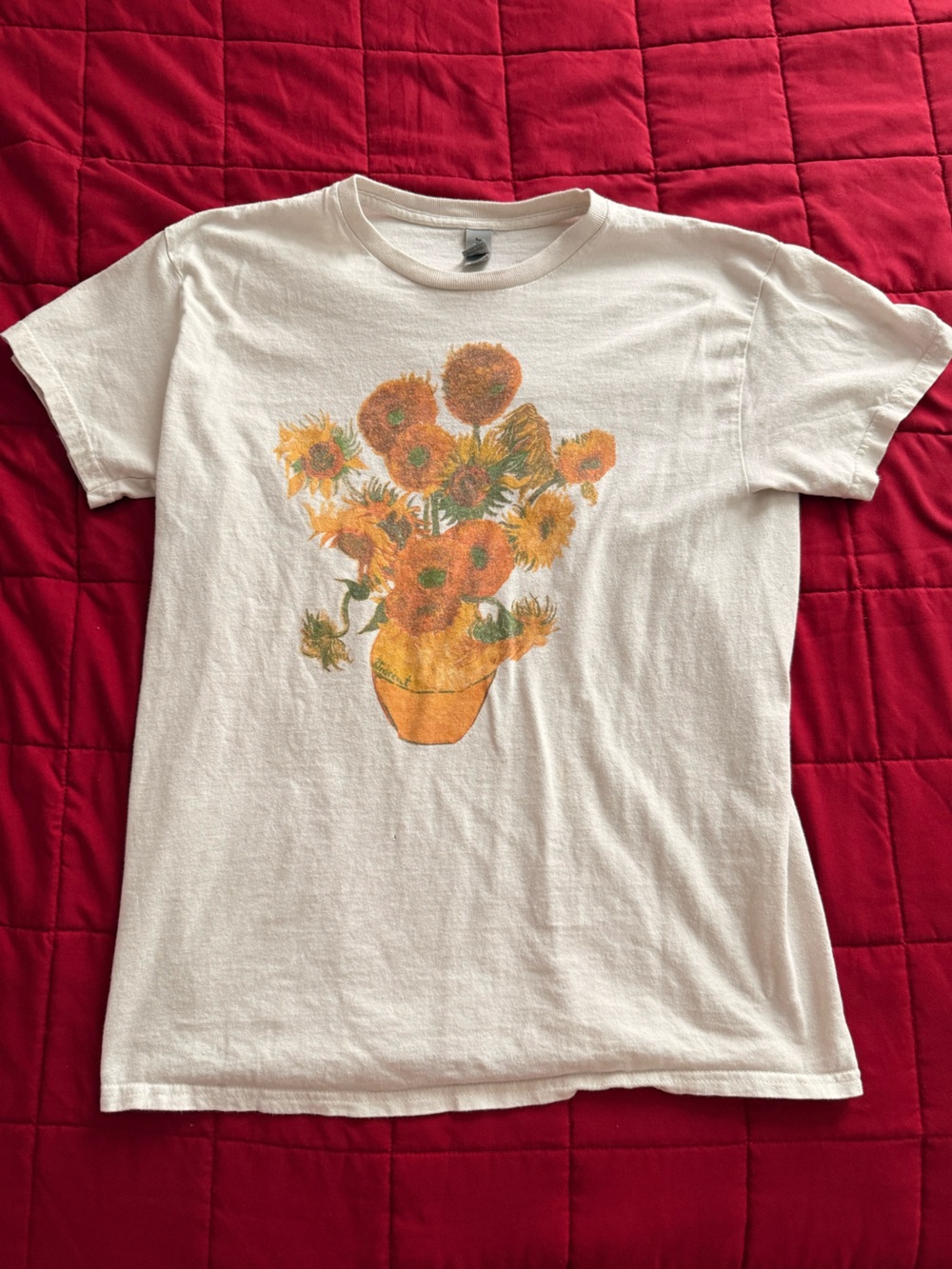 Gildan White Tee with Orange Sunflower Vase Graphic